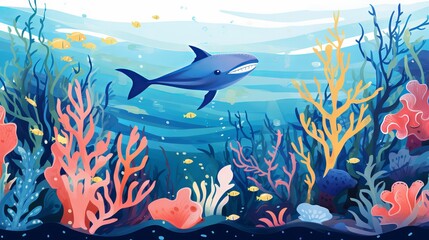 Fototapeta na wymiar Underwater adventure: vector illustration of children and sea creatures for nursery wall and kids room