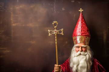 Mitre or mijter and staff of Sinterklaas.On vintage backgroud. Dutch tradition saint Nicholas - obrazy, fototapety, plakaty
