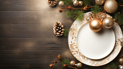 Modern holiday table setting, white empty plates, glass shiny ball decorations, dark table