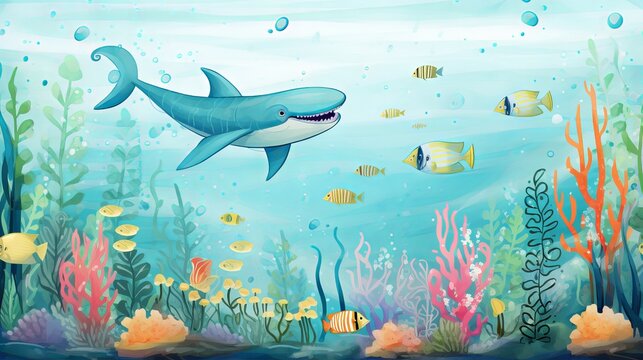 Fototapeta Underwater adventure: vector illustration of children and sea creatures for nursery wall and kids room