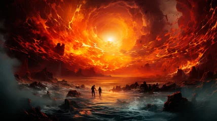 Fotobehang Burning Fire Sky in the Night. Sunset Landscape. Sky an the Ocea. Sunset at Sea. Fiery Sky. Epic Scenery. Seashore. Generative AI.  © Alma