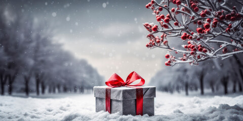 Christmas or New Year gift box on snow against blurred natural background with copy space.
