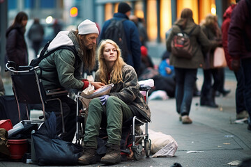 poor and homeless people in wheelchairs are freezing on the street - obrazy, fototapety, plakaty