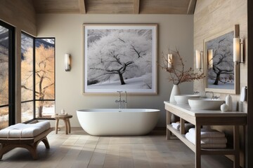 modern chalet bathroom with light natural materials with modern art on the walls