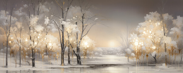 Winter wide banner. trees covered with snow on frosty evening and night scene.