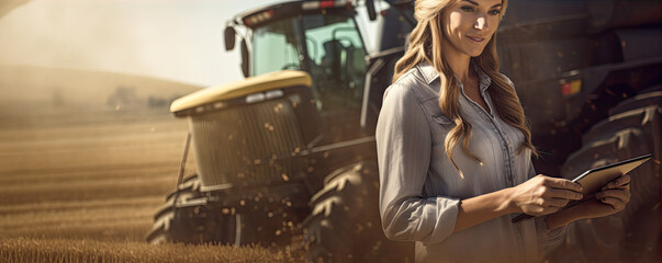 Woman farmer with tablet in her hands  in harvest fiels and machine background.