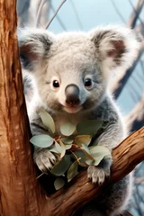 Foto op Plexiglas Fluffy koala on a tree with a eucalyptus branch. Incredibly cute Australian animal © NS