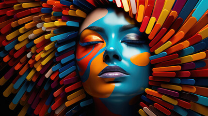 Woman's head in a pattern of vivid color blocks representing concepts of artificial intelligence, neural networks, mind expansion, mindfulness, growth, computing, fragmentation, and fashion.