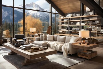 Fototapeta premium modern chalet home study with light natural materials with modern art on the walls