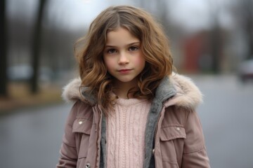 Portrait of a beautiful little girl in a beige coat in the park