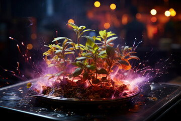 Fantastic glowing flowers on flowerpot, surreal floral wallpaper, magical blooming houseplant