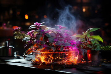 Fantastic glowing flowers on flowerpot, surreal floral wallpaper, magical blooming houseplant