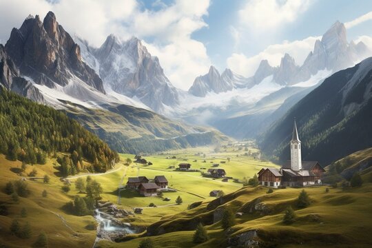 Enchanting Alpine village surrounded by breathtaking mountains. Generative AI