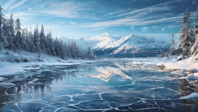 Cracks on the surface of the blue ice. Snowing frozen lake in winter mountains with clear sky. animation background