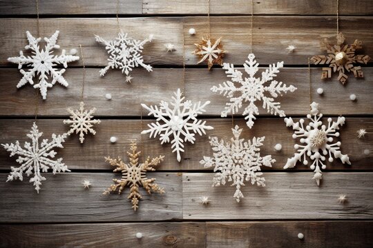 Festive xmas backdrop featuring wooden stars & snowflake on weathered plank. Generative AI