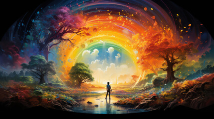Silhouetted person walking on a landscape with a colourful magical rainbow overhead.