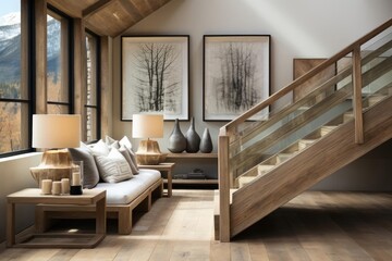 Fototapeta premium modern chalet upstairs landing with light natural materials with modern art on the walls