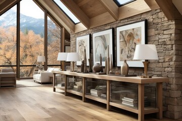 modern chalet upstairs landing with light natural materials with modern art on the walls