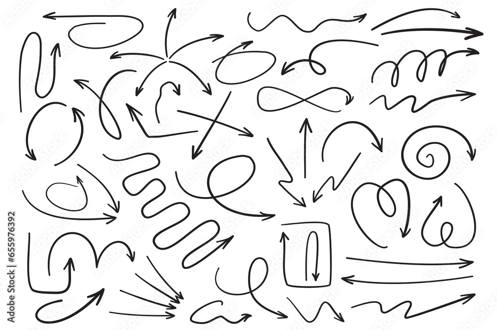 Poster Doodle arrows mega set in flat cartoon design. Bundle elements of ink line pointers with different directions, swirl, repeat, down, right, up and other. Vector illustration isolated graphic objects