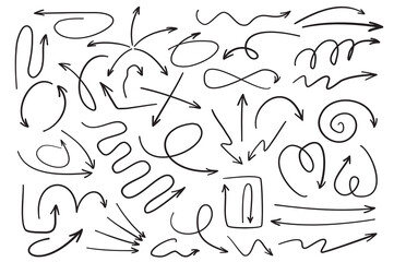 Doodle arrows mega set in flat cartoon design. Bundle elements of ink line pointers with different directions, swirl, repeat, down, right, up and other. Vector illustration isolated graphic objects