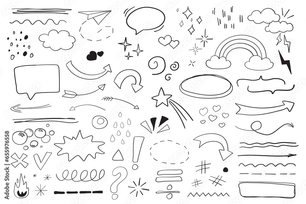 Aufkleber doodle objects mega set in flat cartoon design. bundle of ink lines, paper airplane, speech bubble, 