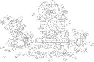 Little witch sitting in her rocker and merry talking to a funny pumpkin on a mantelpiece of a burning old fireplace on a mysterious holiday night, black and white vector cartoon illustration