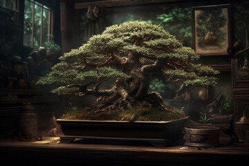 Old beautiful green bonsai tree on dark background