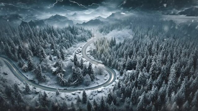 Winter scenery with curvy windy road in snowing covered forest. animation background