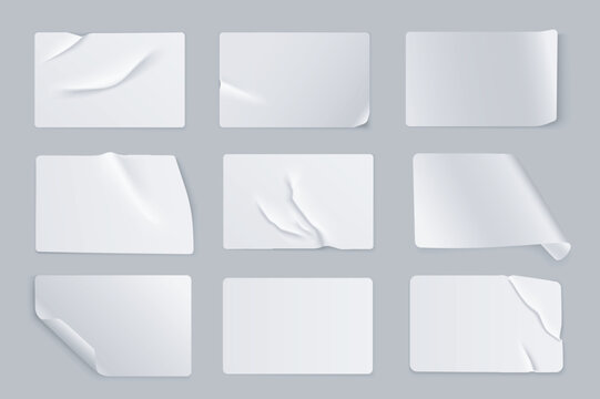 Crumpled sticker mega set in 3d realistic design. Bundle elements of white glued paper or plastic label mockup with empty text spaces and wrinkled effect. Vector illustration isolated graphic objects