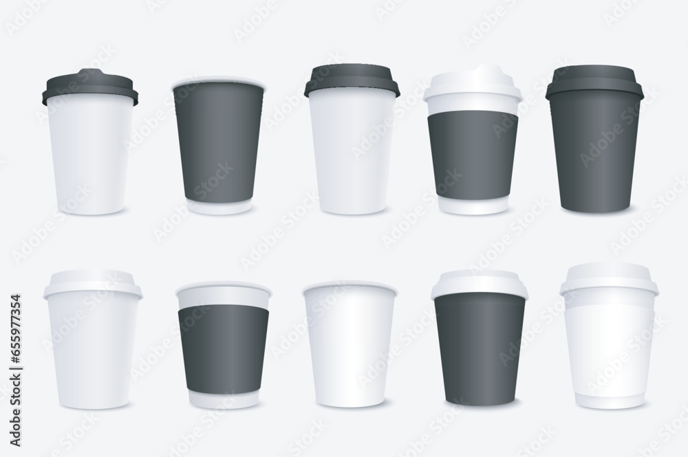 Fototapete paper coffee cups mega set in 3d realistic design. bundle elements of white and black cardboard cont