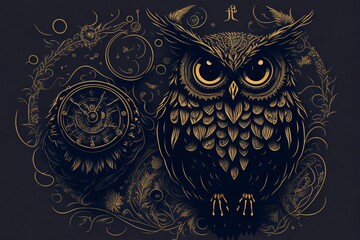 detailed drawing of a mystical golden owl