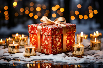 Christmas gift box and candles on snow against blurred natural background.