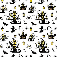 Halloween tree house with ghosts, bats and witches watercolor art seamless pattern. Creepy autumn holiday drawing