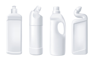 Softener in bottles mega set in 3d realistic design. Bundle elements of different types of white plastic bottles with liquid household chemical for fabric. Vector illustration isolated graphic objects