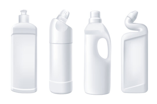 Softener in bottles mega set in 3d realistic design. Bundle elements of different types of white plastic bottles with liquid household chemical for fabric. Vector illustration isolated graphic objects