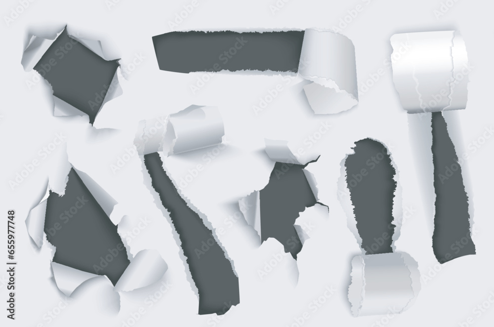 Poster Torn paper holes mega set in 3d realistic design. Bundle elements of different types of ragged white pages and holes with bursting curled ripped edges. Vector illustration isolated graphic objects
