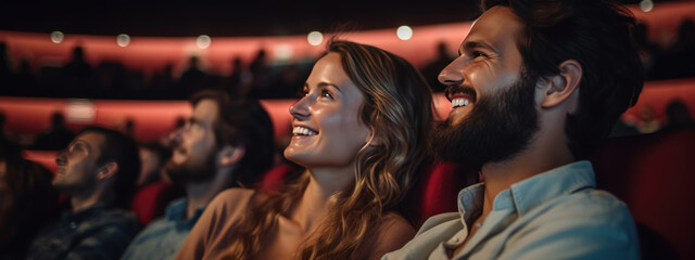 Happy couple sitting in a movie theater and watching a movie. - obrazy, fototapety, plakaty