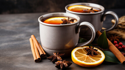 Obraz na płótnie Canvas hot traditional drink mulled wine with spices in gray mugs on a wooden background