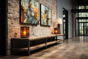 modern industrial hallway with light natural materials with modern art on the walls