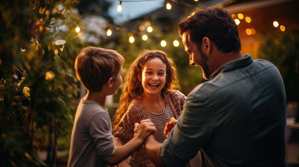 Fototapeta premium Happy family dancing on party at their home backyard