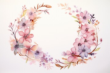 Watercolour Floral Frame, two symmetrical floral wreaths forming a mirror image, composed of vibrant multi colored flowers and leaves on a white background. Created with generative AI tools