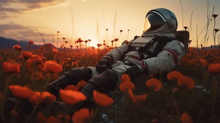 Gordijnen An astronaut is laying in field of poppy flowers at sunset, cozy and peaceful, concept of back to home after traveling, still life, beautiful spring flower field balance between technology and nature © Jasper W