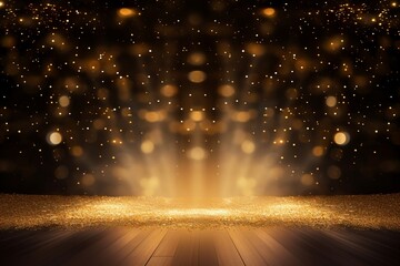 A shower of golden confetti descends upon a festive stage, creating a mockup with copy space for award ceremonies, jubilees, New Years parties, product presentations. Created with generative AI tools