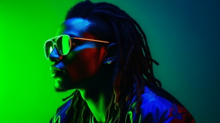 Fashion black young man with dreadlocks hairstyle wearing stylish sunglasses under green neon light in studio, isolated with copy space, modern male hipster posing in studio.