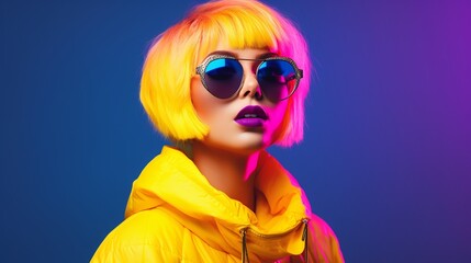 Fashion young girl with short elf high colored hair and stylish sunglasses in red and blue neon light in the studio, concept of modern trendy hair style, hipster attitude, woman power, with copy space