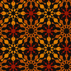 Seamless repeating pattern with an abstract geometric design of red, orange, and yellow flowers on a black background. Leather effect texture. Ornamental illustration.