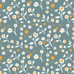 Seamless pattern with daisy flower hand-drawn plants, simple small flowers. Flowers Branches and Leaves Repeating Seamless pattern hand-drawn with tropical leaves. floral seamless pattern with leaves