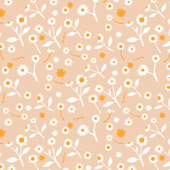 Seamless pattern with daisy flower hand-drawn plants, simple small flowers. Flowers Branches and Leaves Repeating Seamless pattern hand-drawn with tropical leaves. floral seamless pattern with leaves