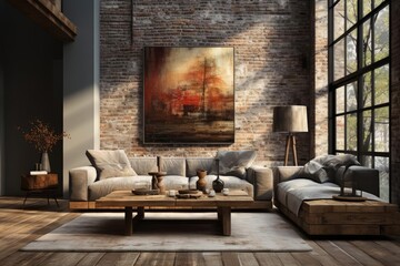 modern industrial living room with light natural materials with modern art on the walls