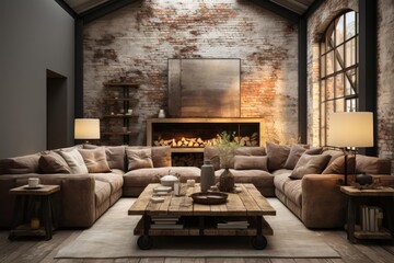 modern industrial living room with light natural materials with modern art on the walls